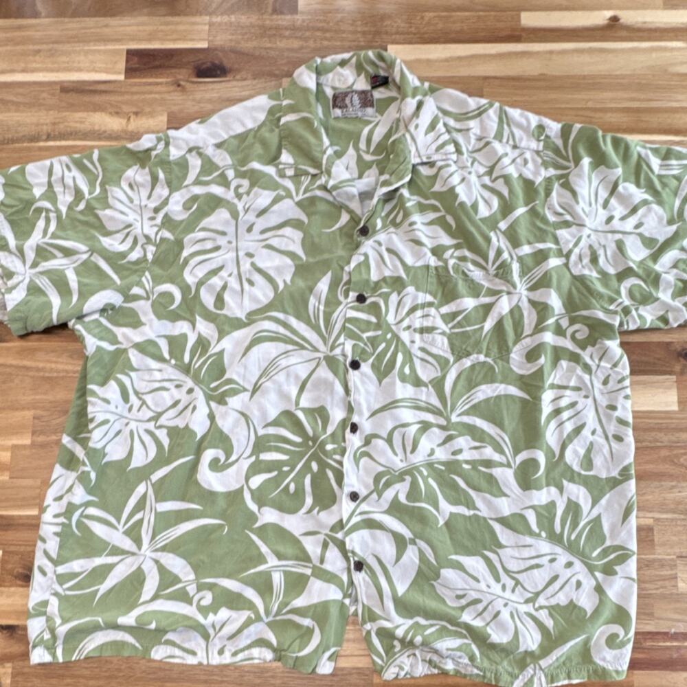 Kalaheo Men's Hawaiian Floral Cotton Button-Up Shirt‎ Green White Short Sleeve